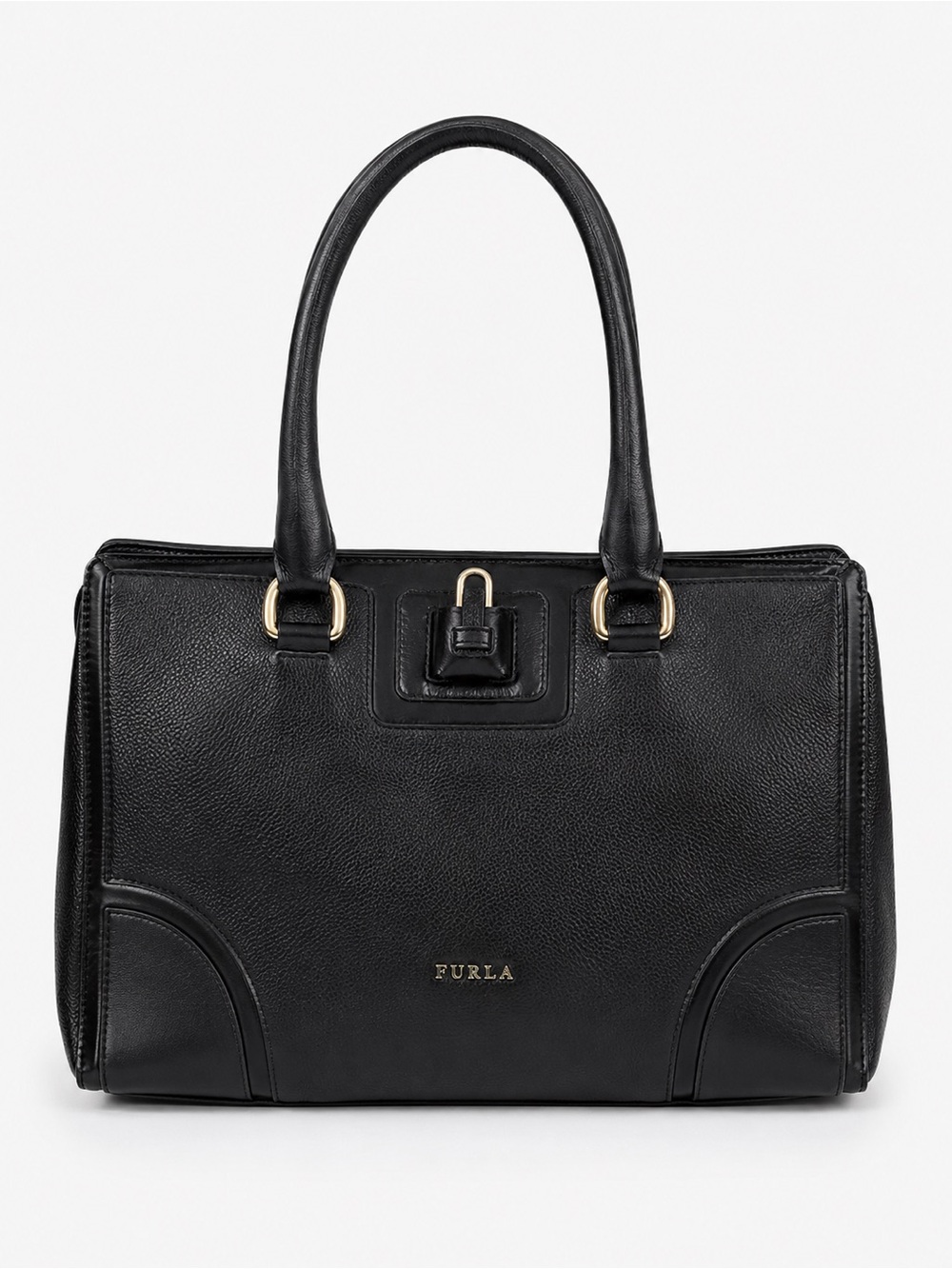 Furla Black Leather Tote Bag Gold Hardware Structured Satchel Purse
